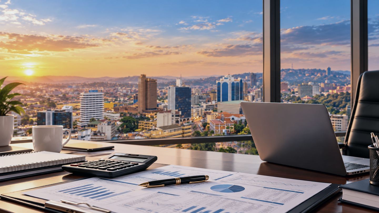 Desk with financial reports and a calculator overlooking Kampala