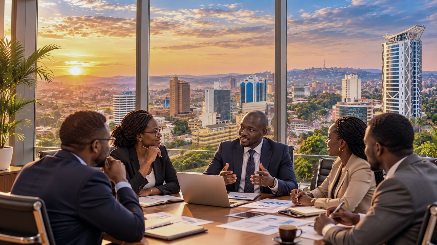 Consultants in a strategy meeting overlooking Kampala
