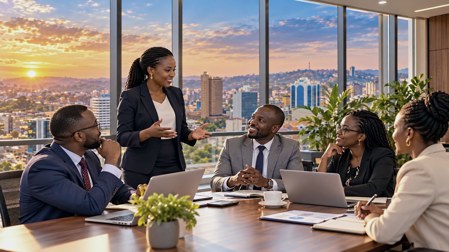 Team discussion in a meeting room overlooking Kampala